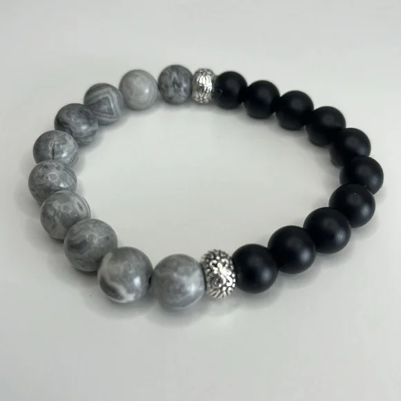 Handmade One of a Kind Black, Gray & White Beads with Silver Accent Bracelet - Picture 3 of 3